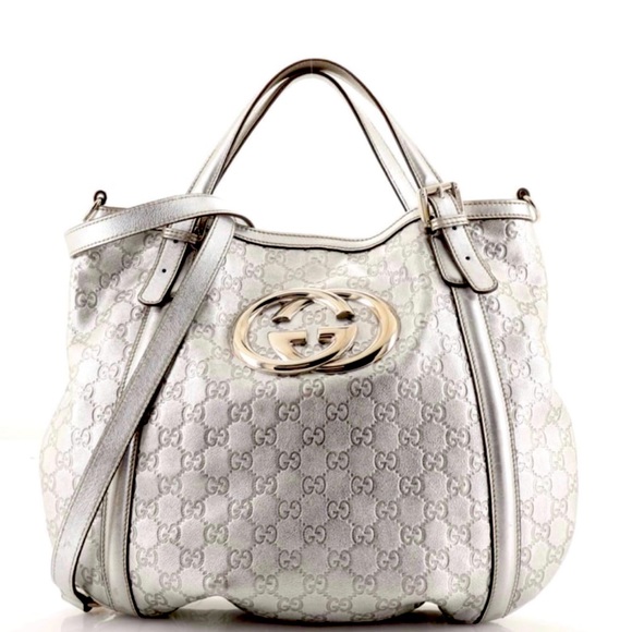 Gucci Handbags - GUCCI Metallic Silver Embossed Leather Britt Hobo/ Messenger Bag